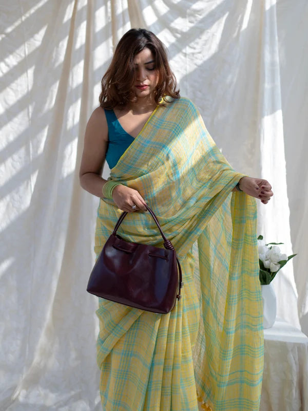 Sunshine Yellow & Aqua Blue Checkered Mul Cotton Saree with Tasselled Pallu (Includes Blouse Piece) – Shree Mall