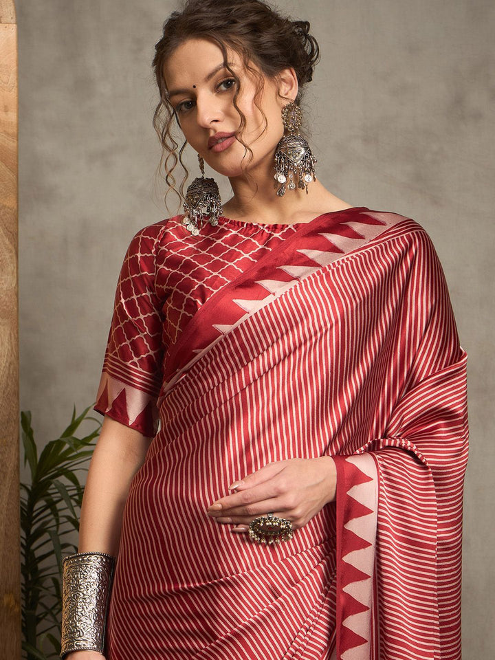 Rust Red Gajji Silk Saree with Blue Abstract Motif & Geometric Pallu Border