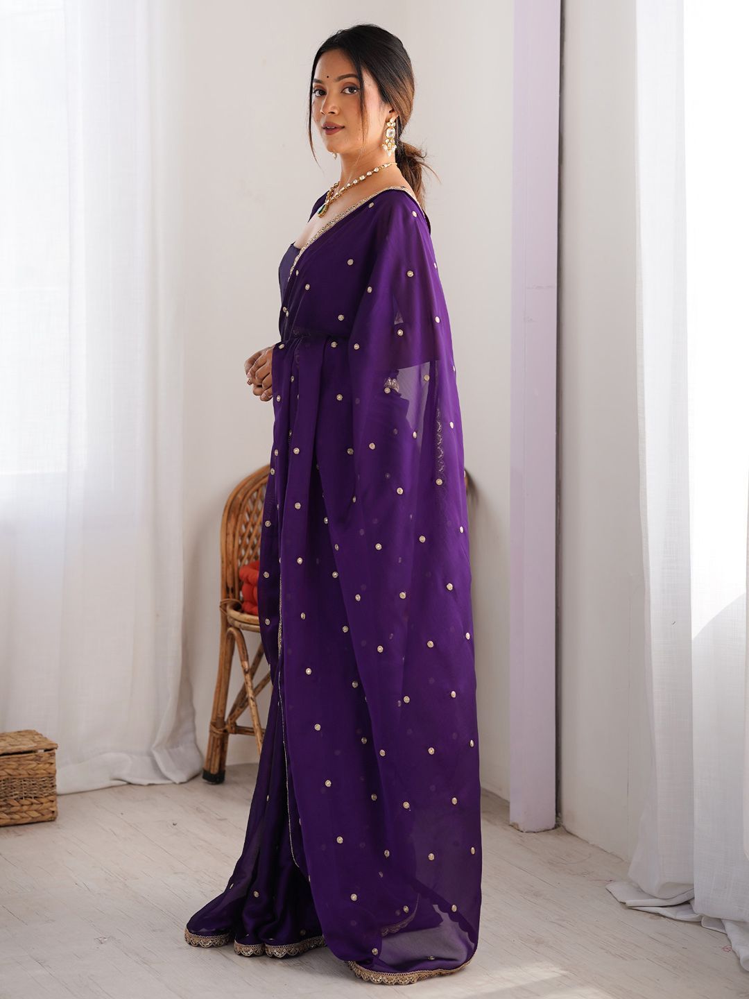 Royal Purple Georgette Saree with Golden Zari Lace Border & Sequin Work – Elegant Party & Wedding Wear