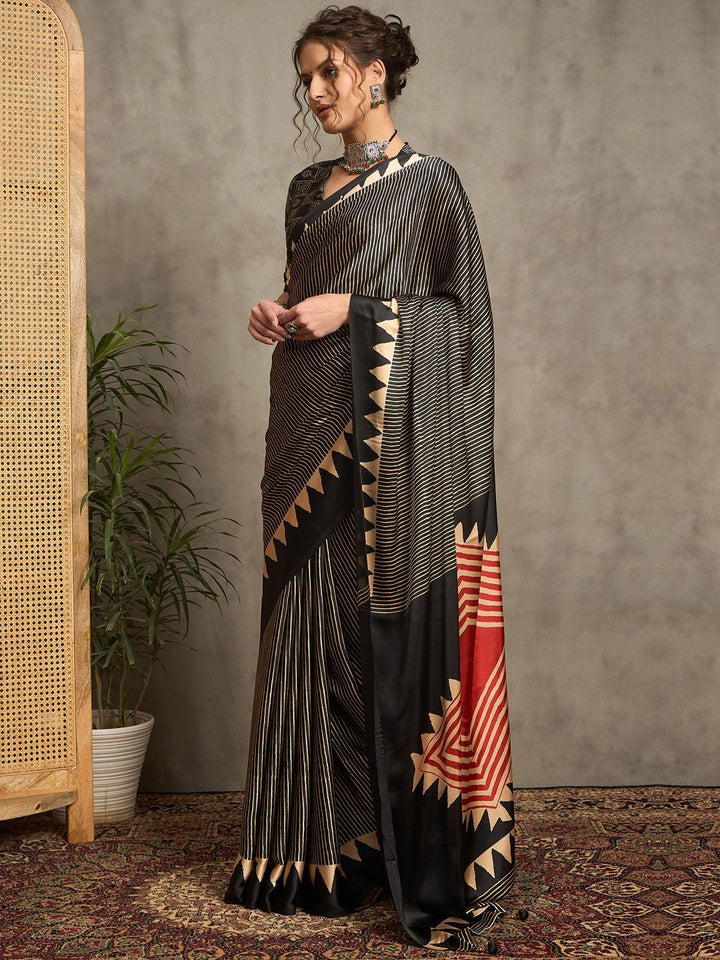 Black Gajji Silk Saree with Tribal Red Geometric Motif & Contrast Border