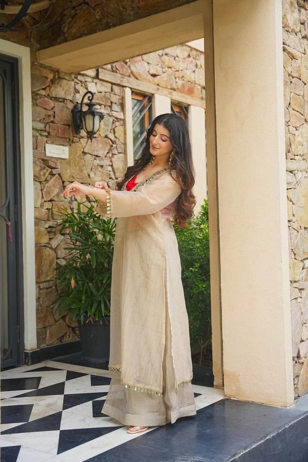 Golden Tissue Indo-Western Festive Anarkali Set