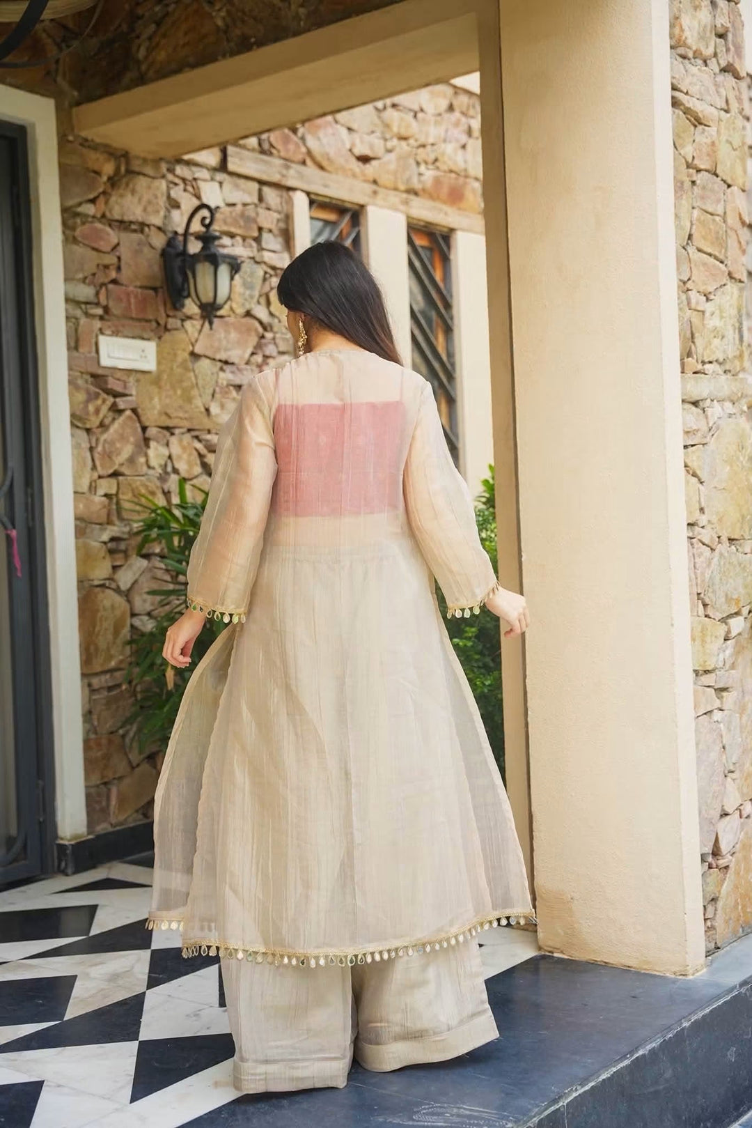 Golden Tissue Indo-Western Festive Anarkali Set