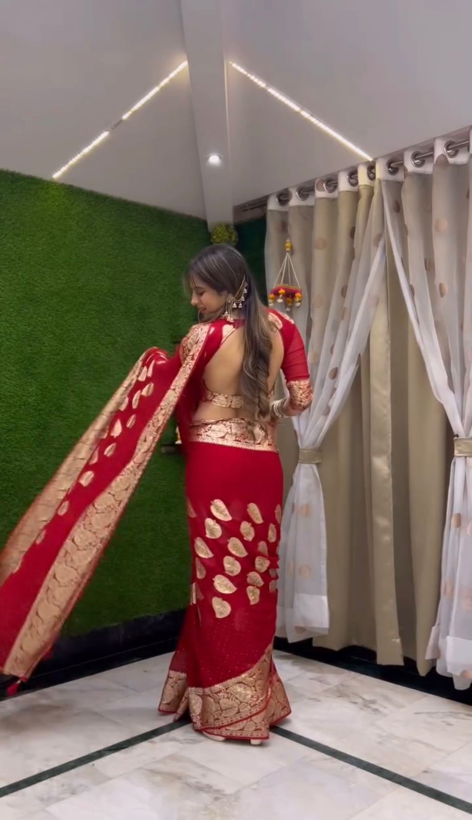 Elegant Red Silk Saree with Golden Leaf Design - Perfect for Festive & Wedding Occasions