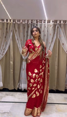 Elegant Red Silk Saree with Golden Leaf Design - Perfect for Festive & Wedding Occasions