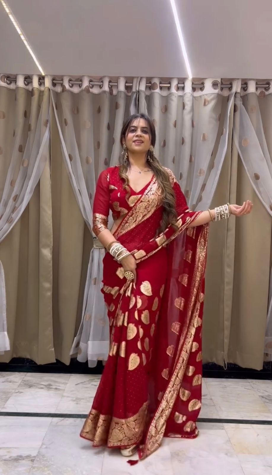 Elegant Red Silk Saree with Golden Leaf Design - Perfect for Festive & Wedding Occasions