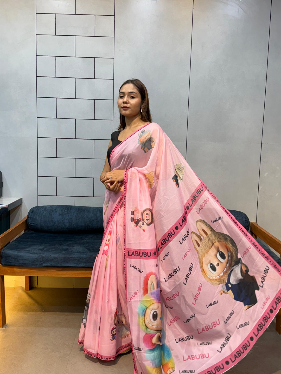 Trendy Labubu Print Pink Saree – Casual & Festive Wear with Cute Characters