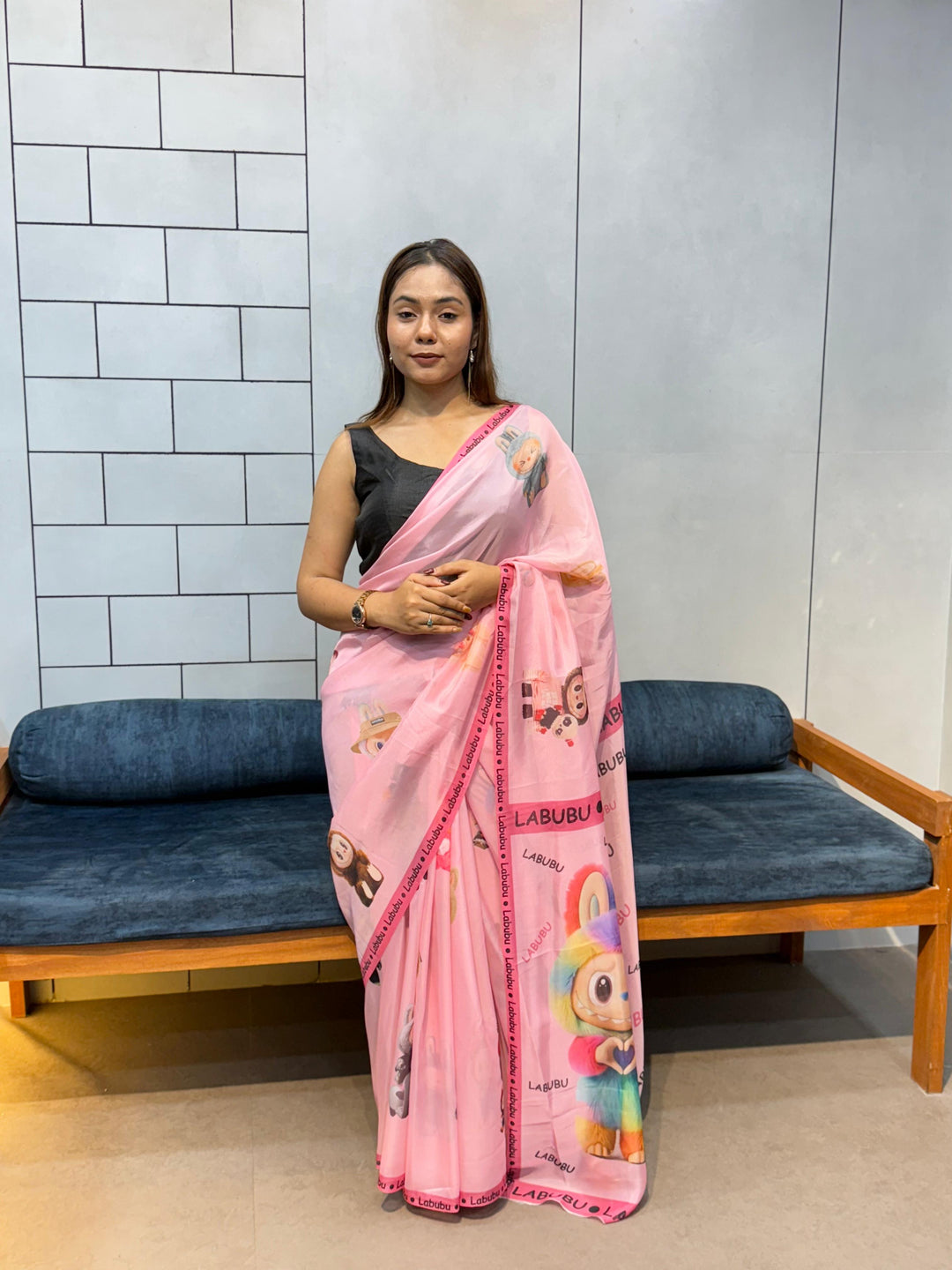 Trendy Labubu Print Pink Saree – Casual & Festive Wear with Cute Characters