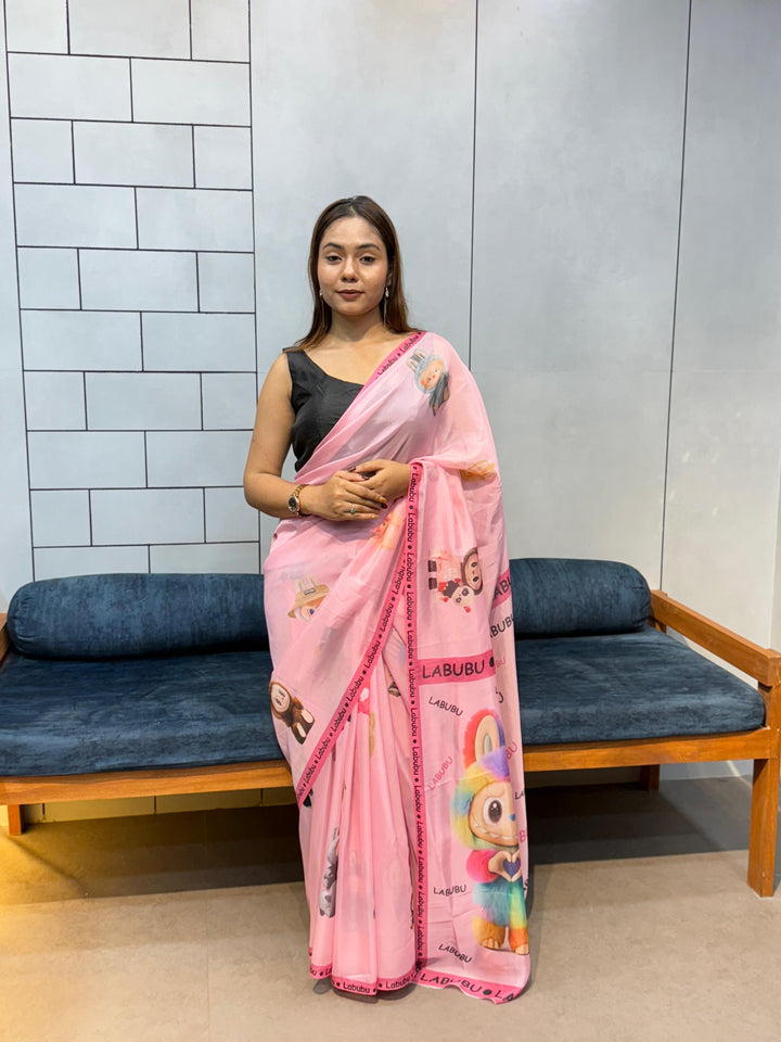 Trendy Labubu Print Pink Saree – Casual & Festive Wear with Cute Characters