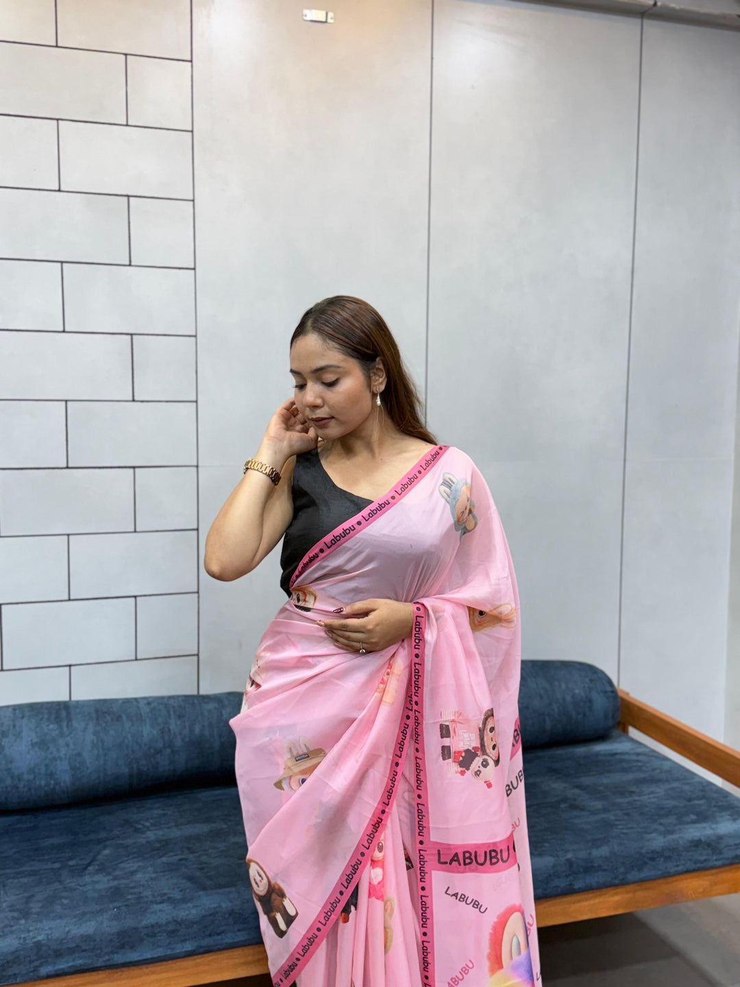 Trendy Labubu Print Pink Saree – Casual & Festive Wear with Cute Characters