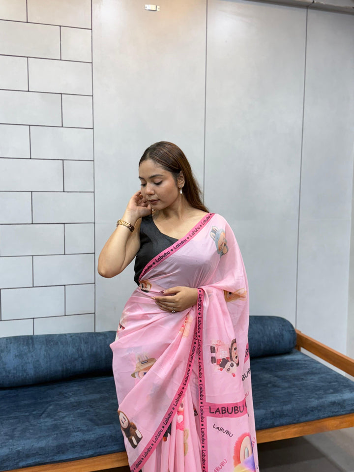 Trendy Labubu Print Pink Saree – Casual & Festive Wear with Cute Characters