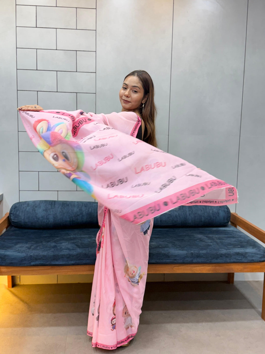 Trendy Labubu Print Pink Saree – Casual & Festive Wear with Cute Characters