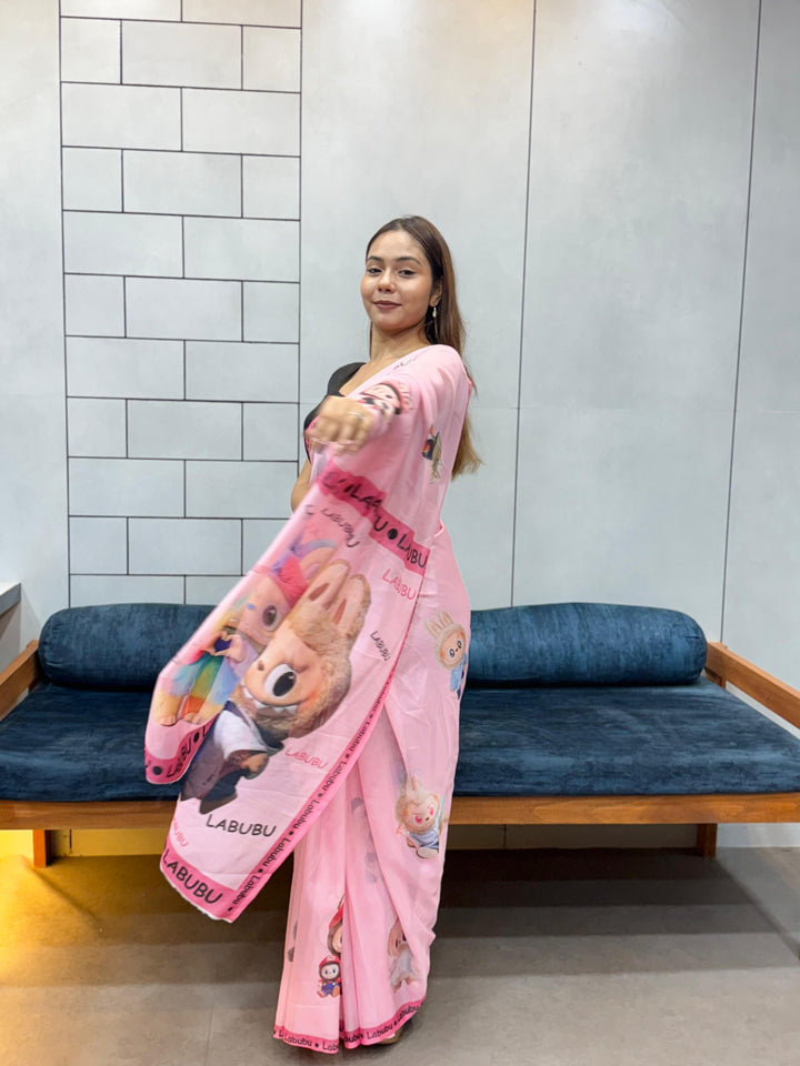 Trendy Labubu Print Pink Saree – Casual & Festive Wear with Cute Characters
