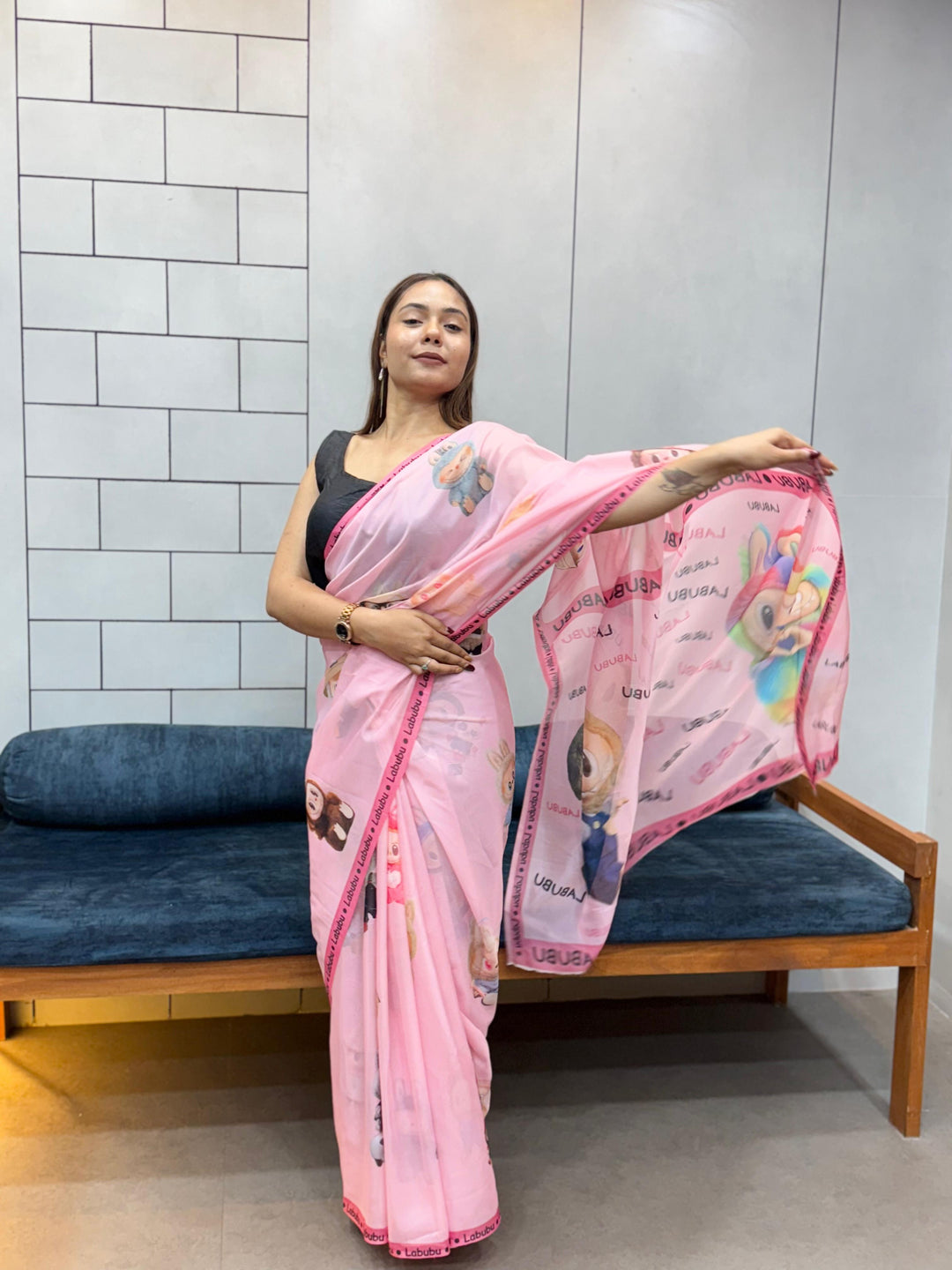Trendy Labubu Print Pink Saree – Casual & Festive Wear with Cute Characters