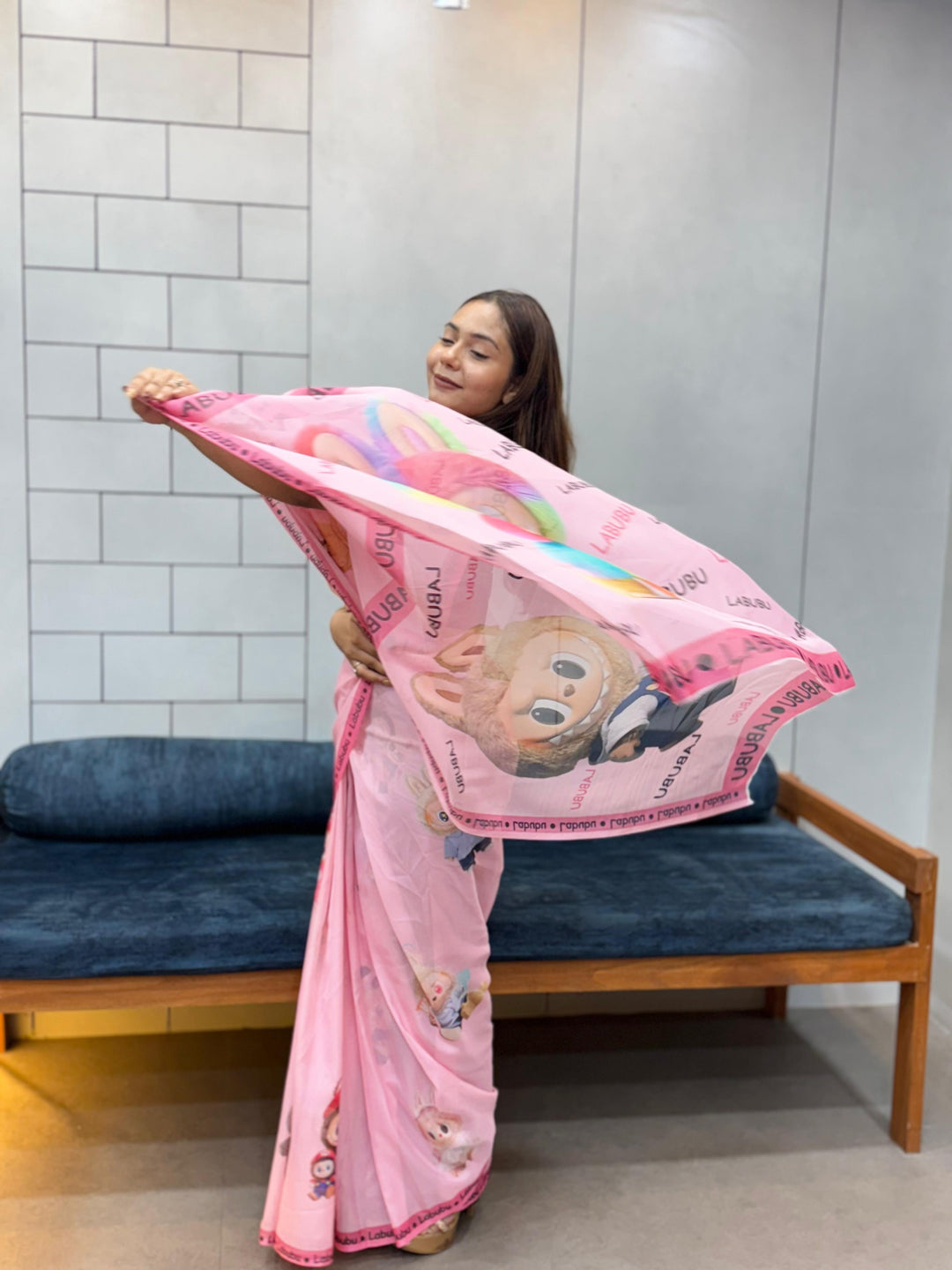 Trendy Labubu Print Pink Saree – Casual & Festive Wear with Cute Characters