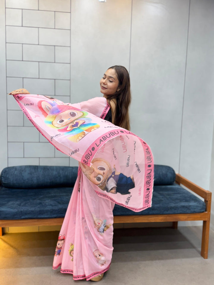 Trendy Labubu Print Pink Saree – Casual & Festive Wear with Cute Characters