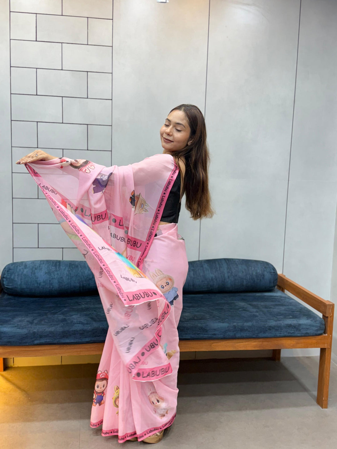 Trendy Labubu Print Pink Saree – Casual & Festive Wear with Cute Characters