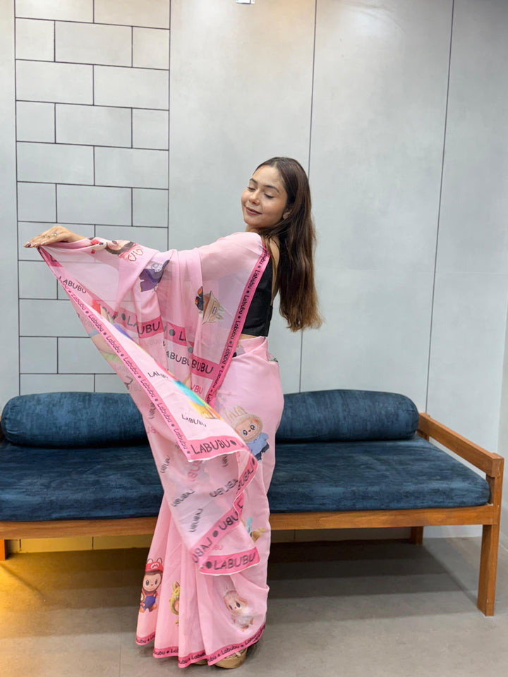 Trendy Labubu Print Pink Saree – Casual & Festive Wear with Cute Characters