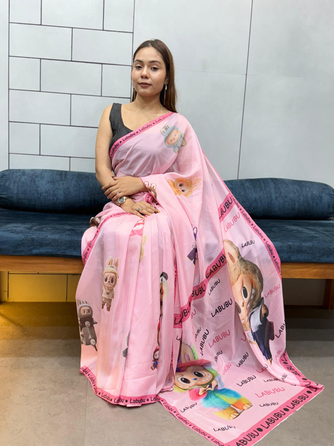 Trendy Labubu Print Pink Saree – Casual & Festive Wear with Cute Characters