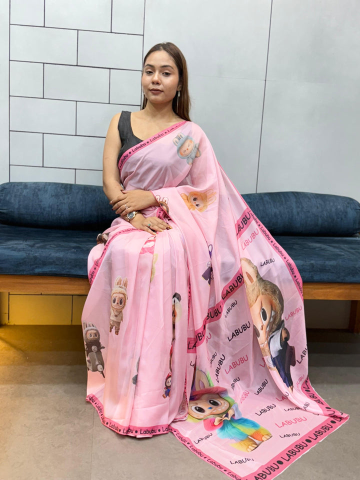 Trendy Labubu Print Pink Saree – Casual & Festive Wear with Cute Characters