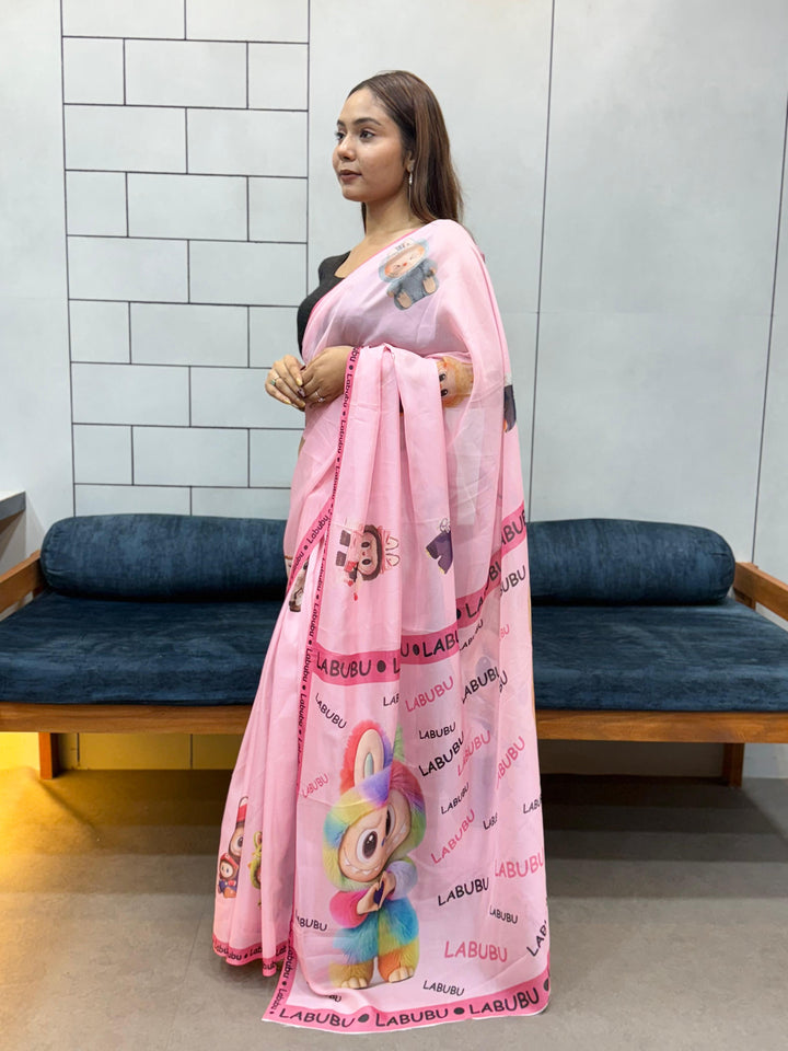 Trendy Labubu Print Pink Saree – Casual & Festive Wear with Cute Characters