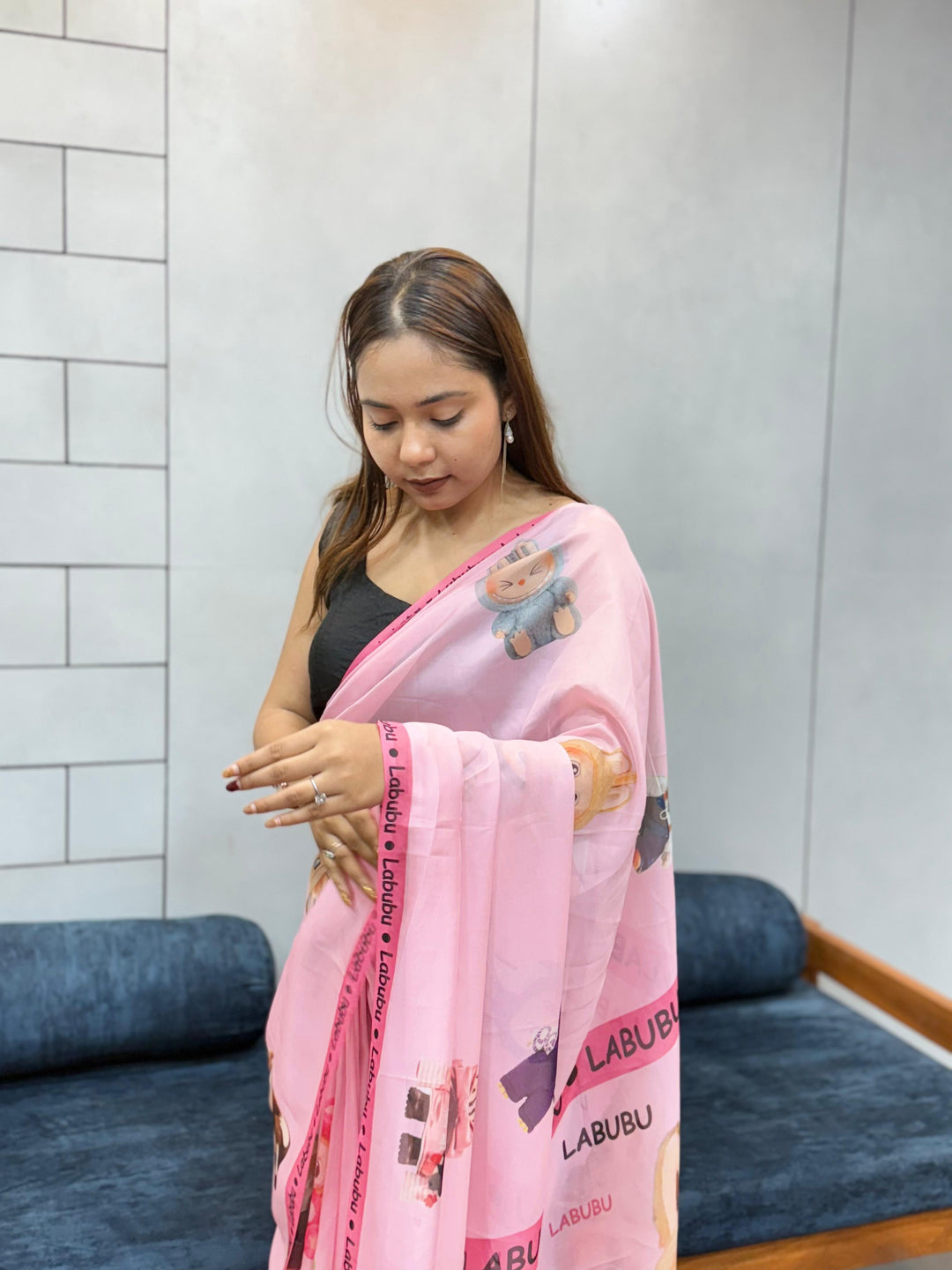 Trendy Labubu Print Pink Saree – Casual & Festive Wear with Cute Characters
