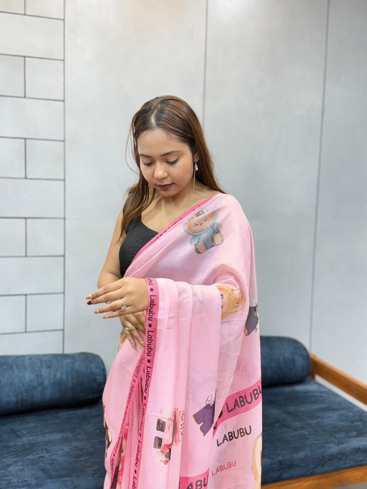 Trendy Labubu Print Pink Saree – Casual & Festive Wear with Cute Characters