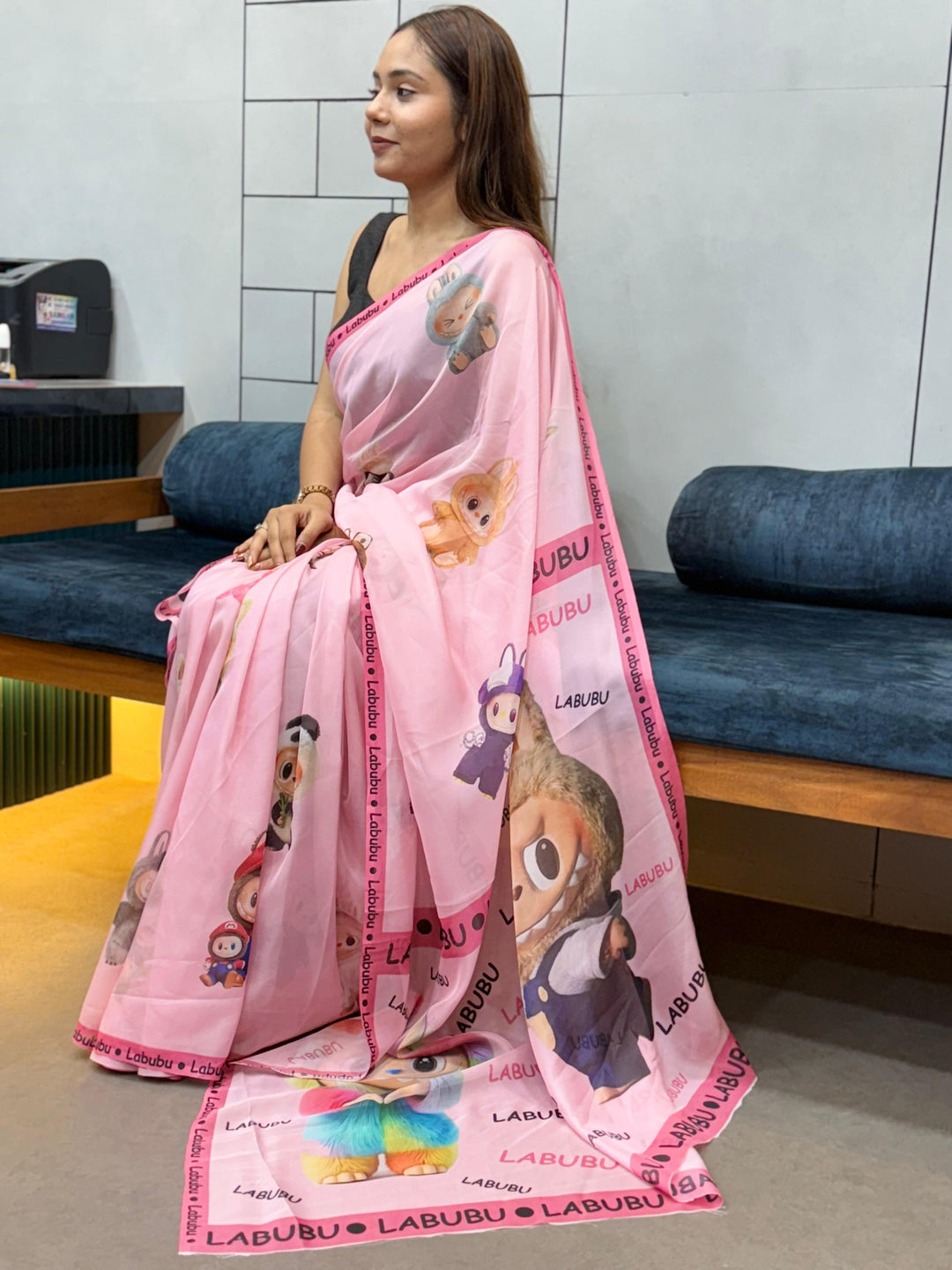 Trendy Labubu Print Pink Saree – Casual & Festive Wear with Cute Characters