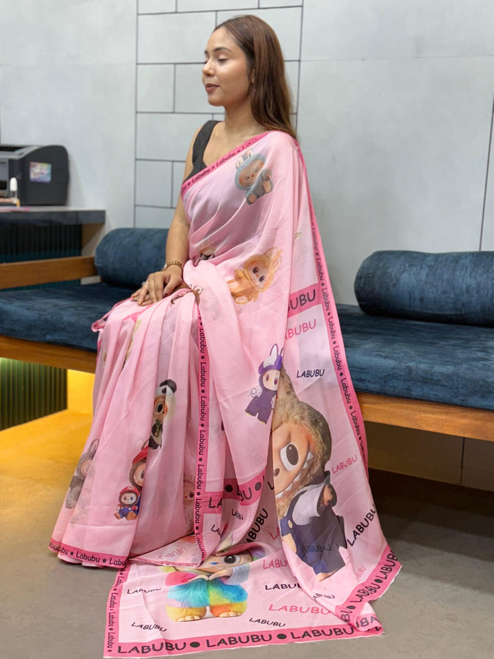 Trendy Labubu Print Pink Saree – Casual & Festive Wear with Cute Characters