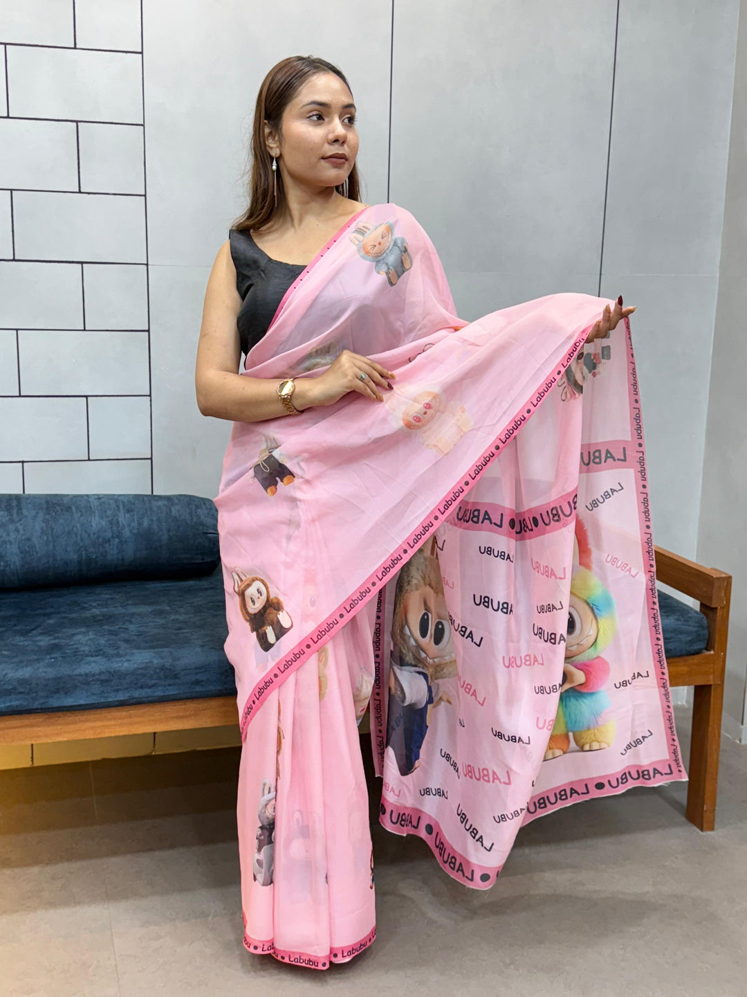 Trendy Labubu Print Pink Saree – Casual & Festive Wear with Cute Characters