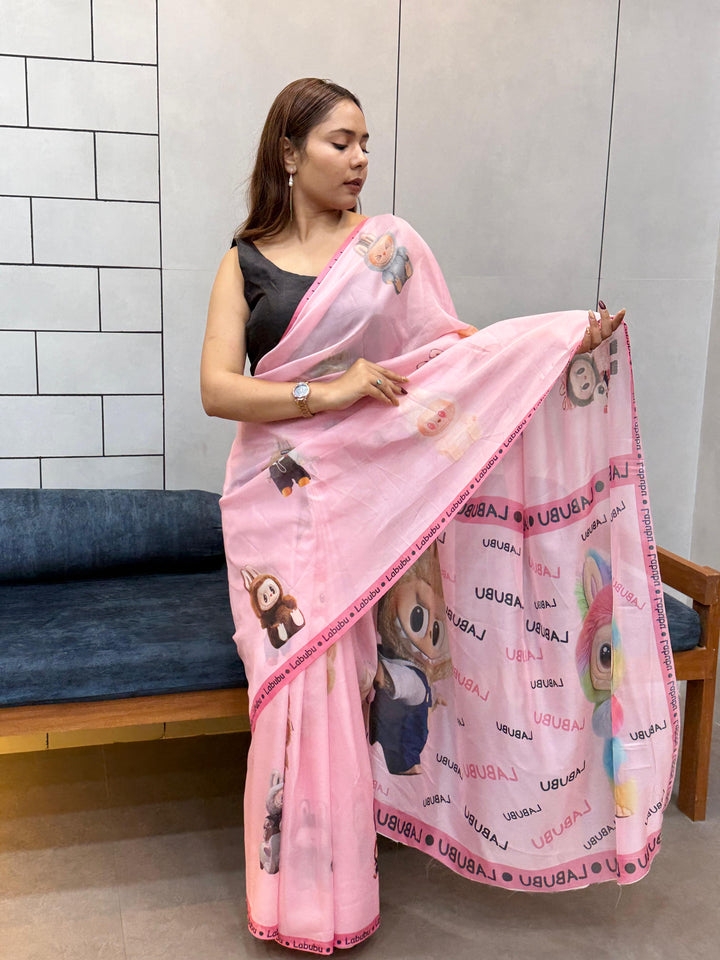 Trendy Labubu Print Pink Saree – Casual & Festive Wear with Cute Characters