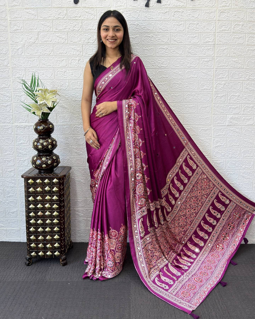 Royal Magenta Modal Silk Saree with Heritage Paisley Pallu, Ornamental Border & Traditional Ethnic Print