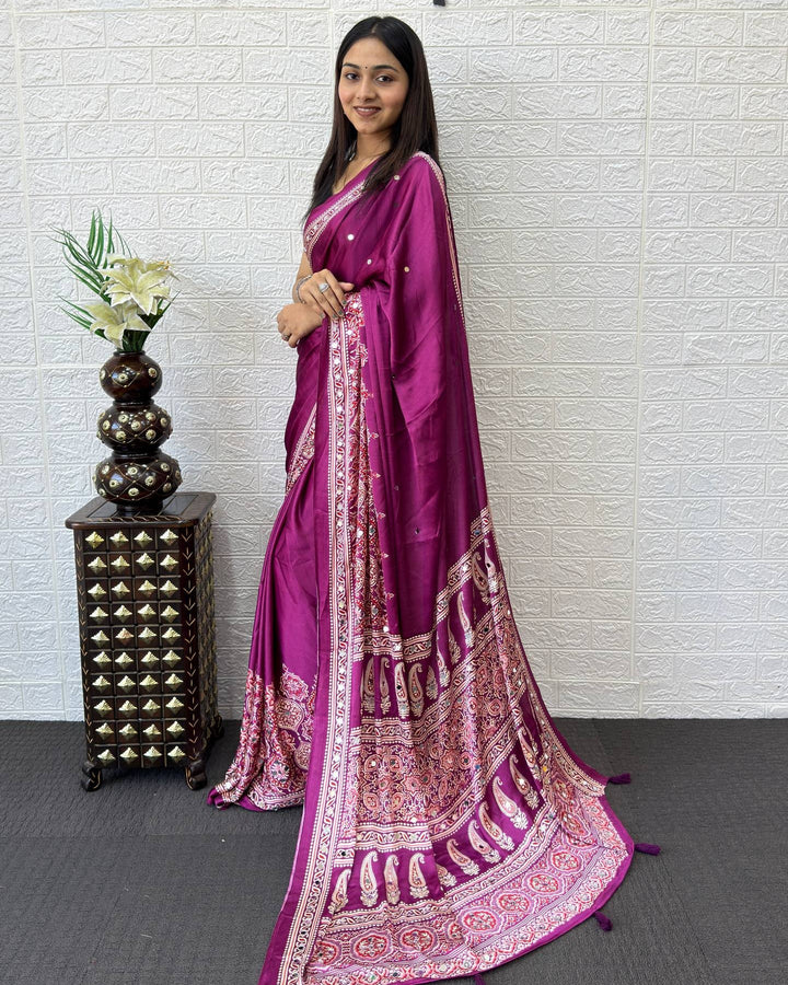 Royal Magenta Modal Silk Saree with Heritage Paisley Pallu, Ornamental Border & Traditional Ethnic Print