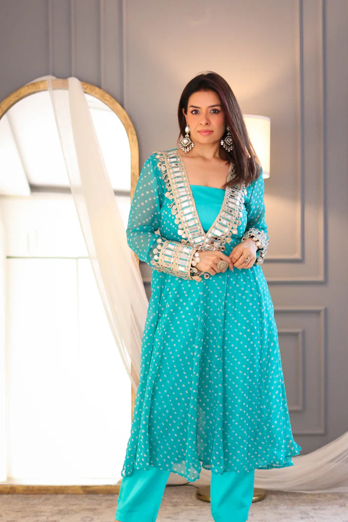 Designer Mirror Work Anarkali Suit Set for Women – Georgette Fabric | Available in Mehendi Green, Royal Blue, Black  & Wine Purple