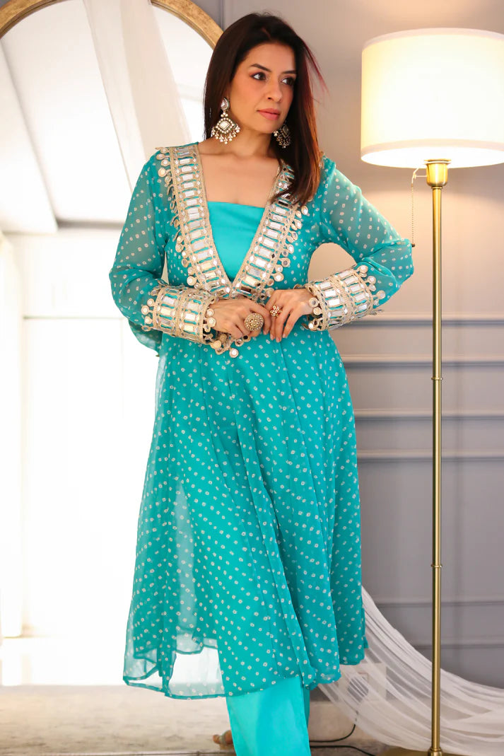 Designer Mirror Work Anarkali Suit Set for Women – Georgette Fabric | Available in Mehendi Green, Royal Blue, Black  & Wine Purple