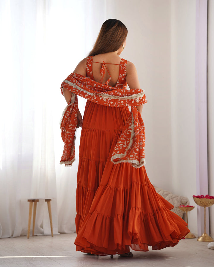 Rust Orange Heavy Pure Soft Fox Georgette Anarkali Set with Dupatta – 12 Meter Flair, Embroidery & Thread Work