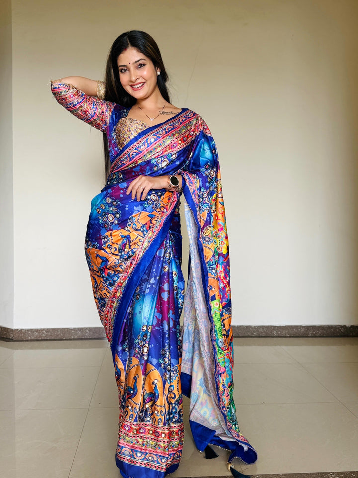 Women Designer Peacock & Floral Digital Print Saree with Contrast Border & Attached Blouse | Premium Party Wear Saree