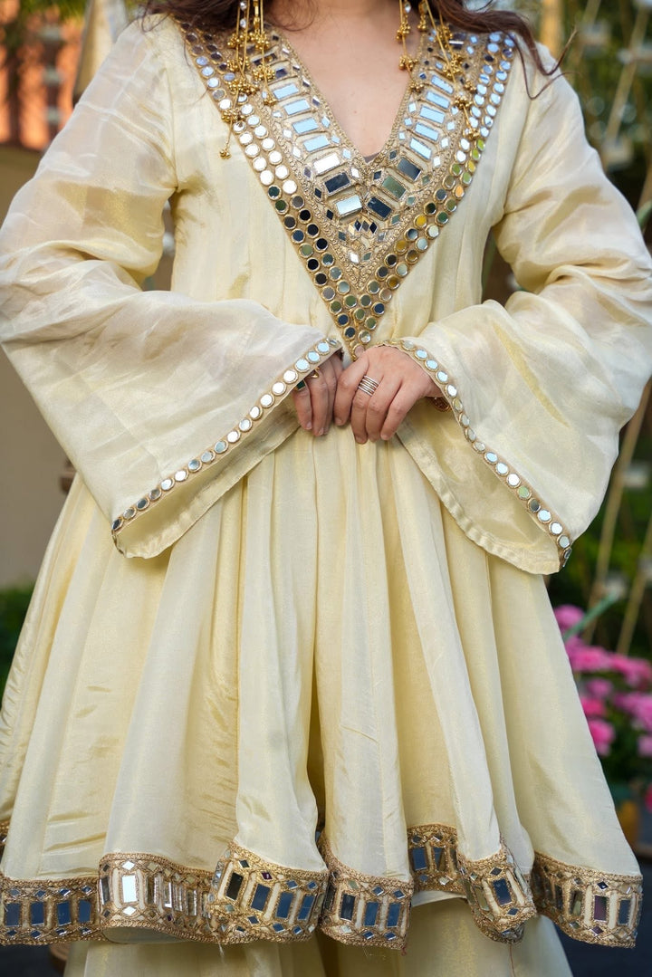 Ivory Color Heavy Mirror Embellished Anarkali With Sharara & Dupatta