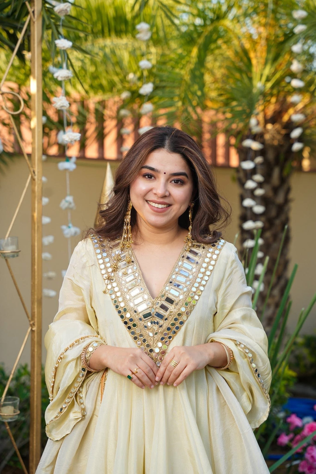 Ivory Color Heavy Mirror Embellished Anarkali With Sharara & Dupatta