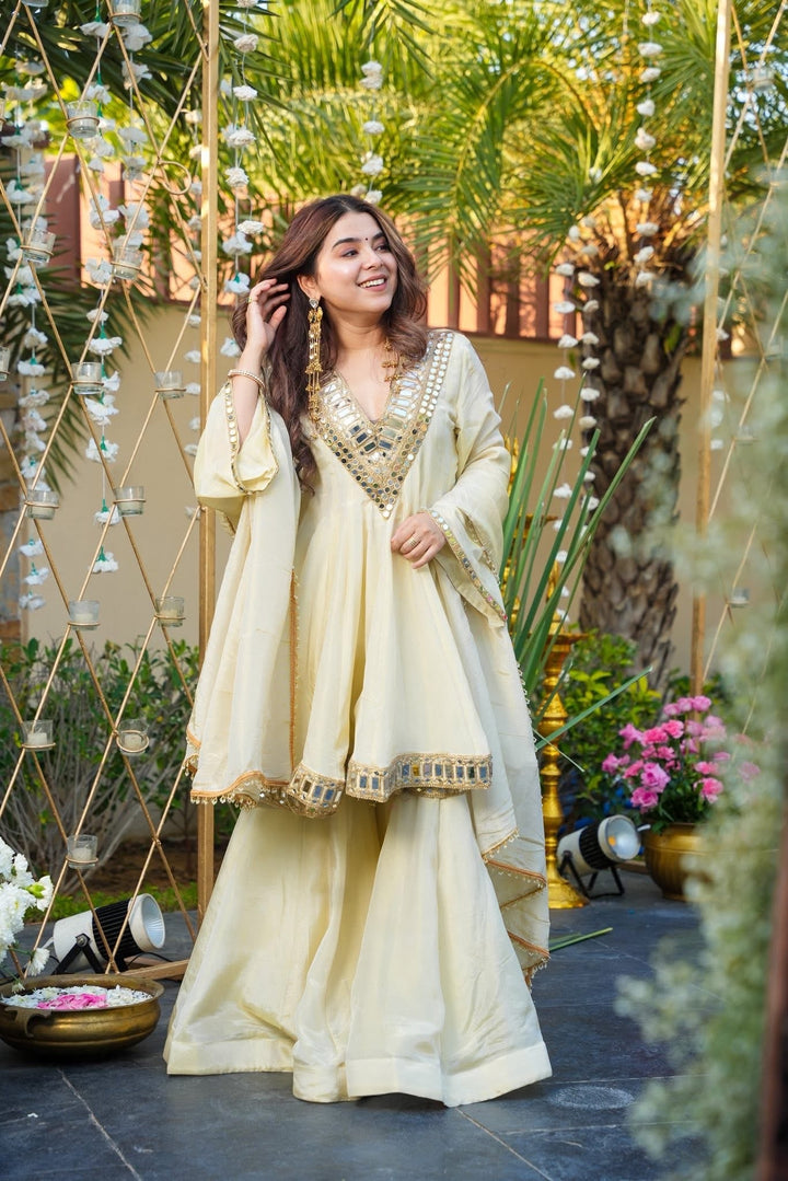 Ivory Color Heavy Mirror Embellished Anarkali With Sharara & Dupatta