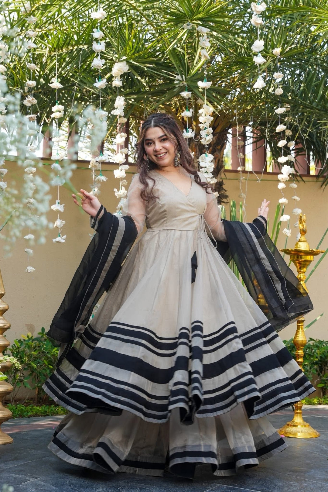 Premium Ivory Organza Anarkali Gown with Grand Flare SHREE MALL Premium Ivory Organza Anarkali Gown with Grand Flare SHREE MALL