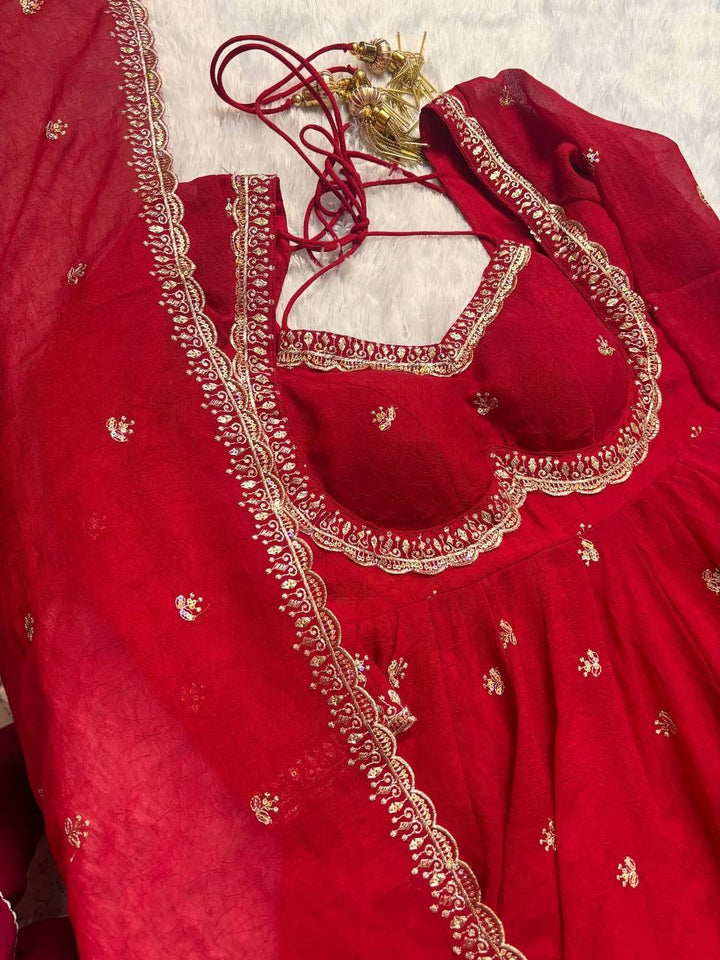 Festive Wear Red Anarkali Suit in Faux Georgette with Embroidered Dupatta & Matching Pant