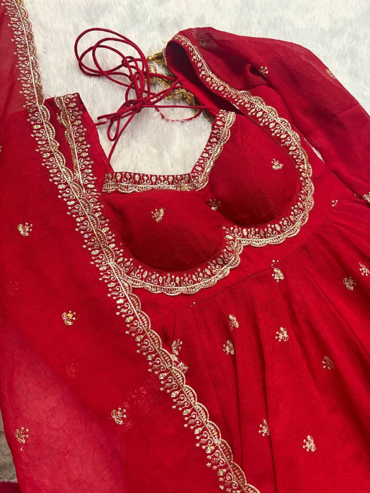 Festive Wear Red Anarkali Suit in Faux Georgette with Embroidered Dupatta & Matching Pant