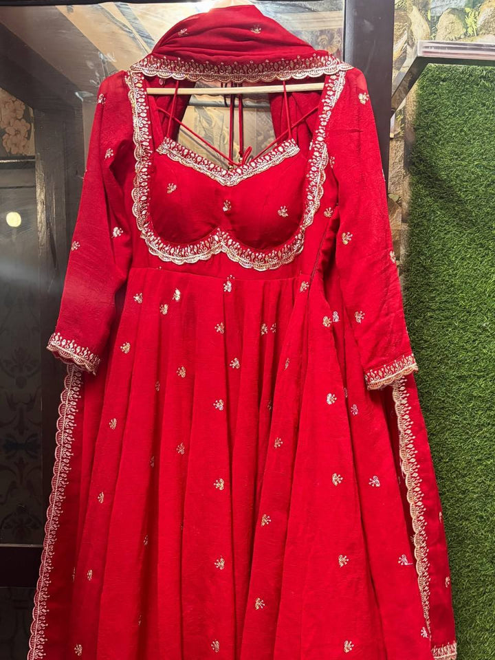 Festive Wear Red Anarkali Suit in Faux Georgette with Embroidered Dupatta & Matching Pant