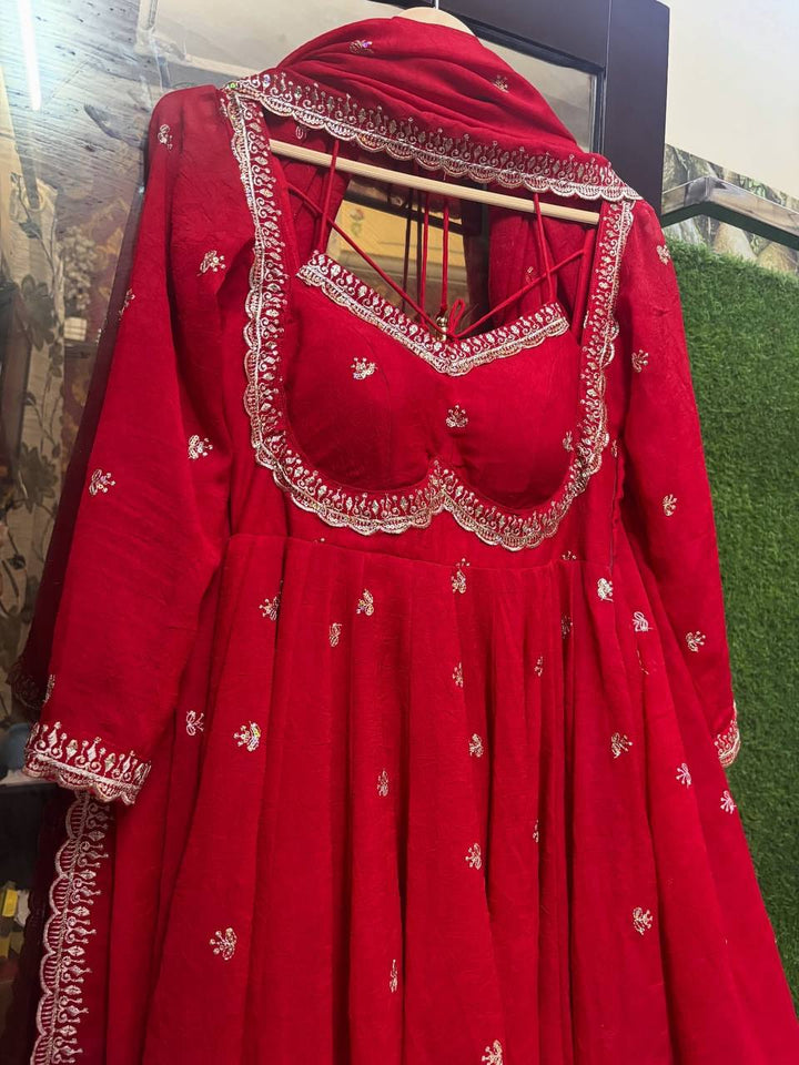 Festive Wear Red Anarkali Suit in Faux Georgette with Embroidered Dupatta & Matching Pant