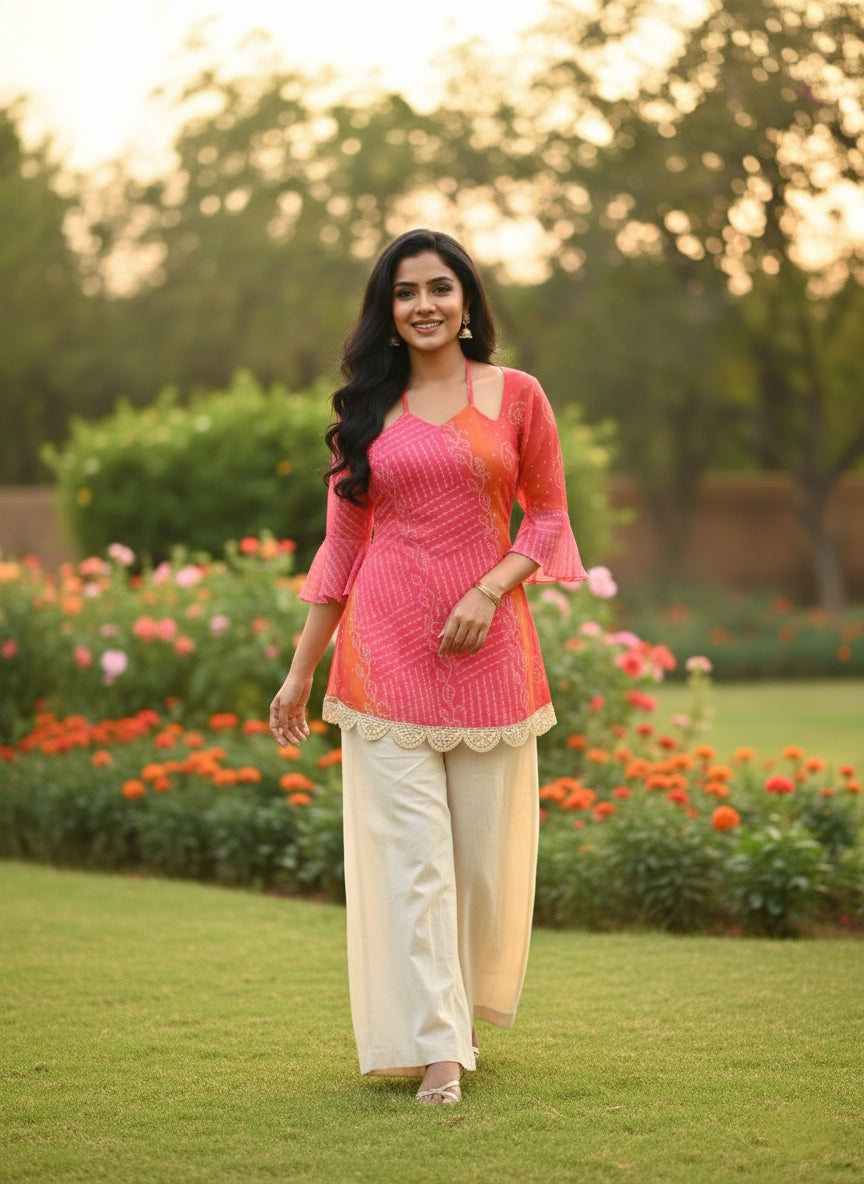 Rani Pink & Kesari Bandhej Faux Georgette Kurti with Pure Cotton Inner