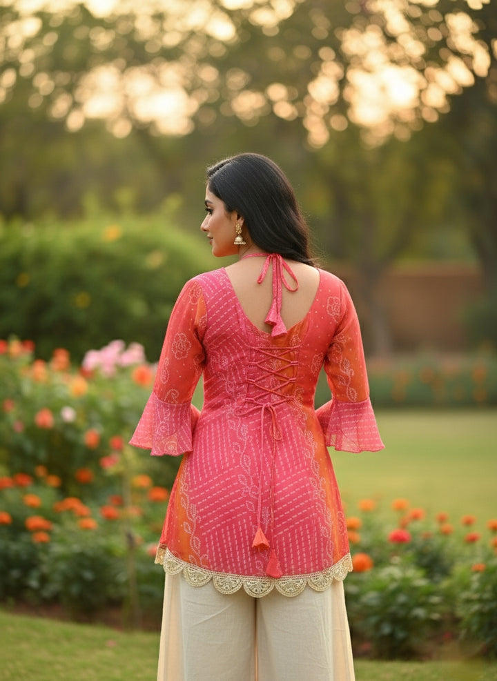 Rani Pink & Kesari Bandhej Faux Georgette Kurti with Pure Cotton Inner