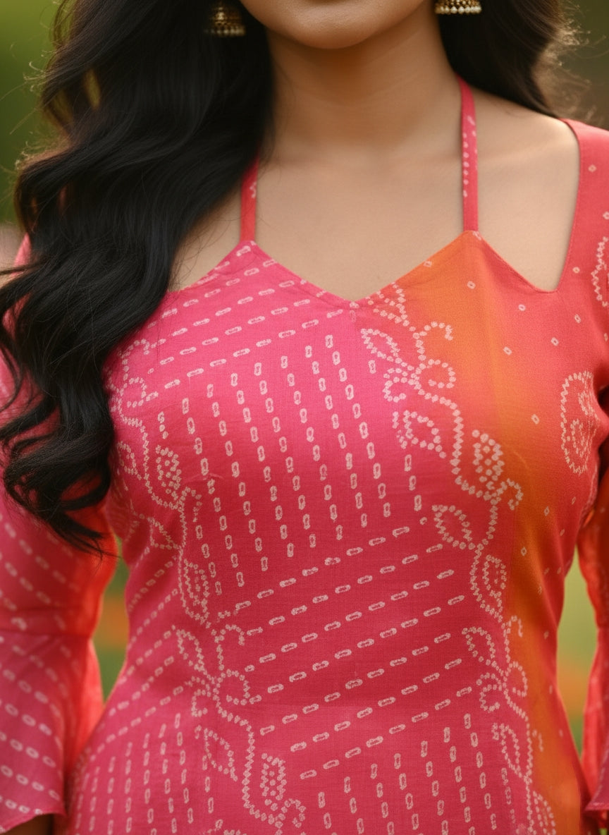 Rani Pink & Kesari Bandhej Faux Georgette Kurti with Pure Cotton Inner