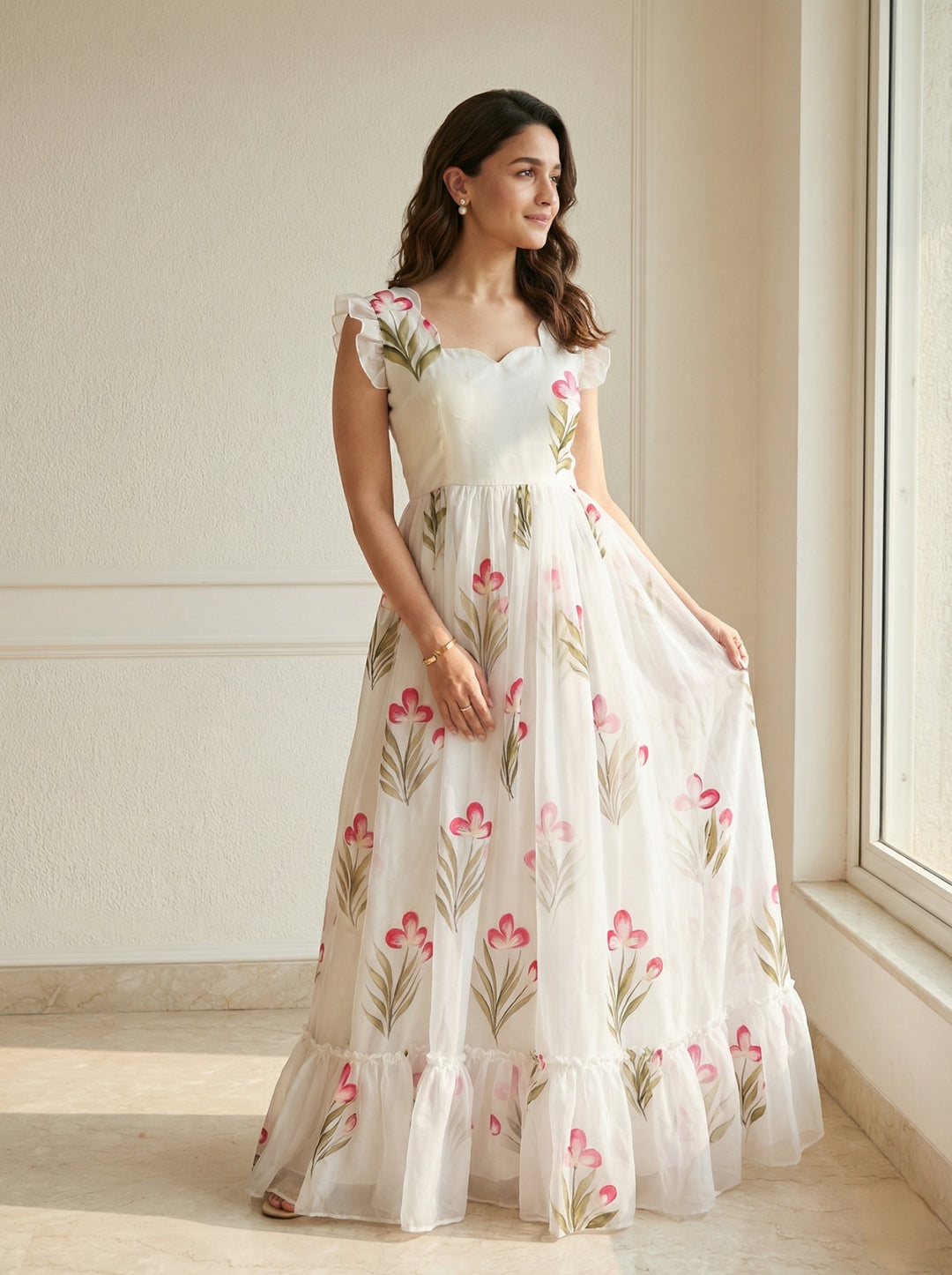 White Floral Printed Party Wear Casual Long Gown SHREE MALL White Floral Printed Party Wear Casual Long Gown SHREE MALL