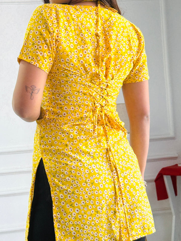 Yellow Ditsy Floral Kurti with Adjustable Lace-Up Back