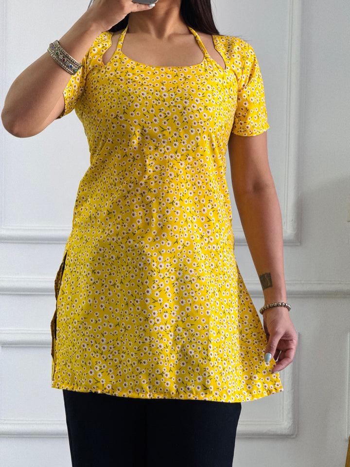 Yellow Ditsy Floral Kurti with Adjustable Lace-Up Back